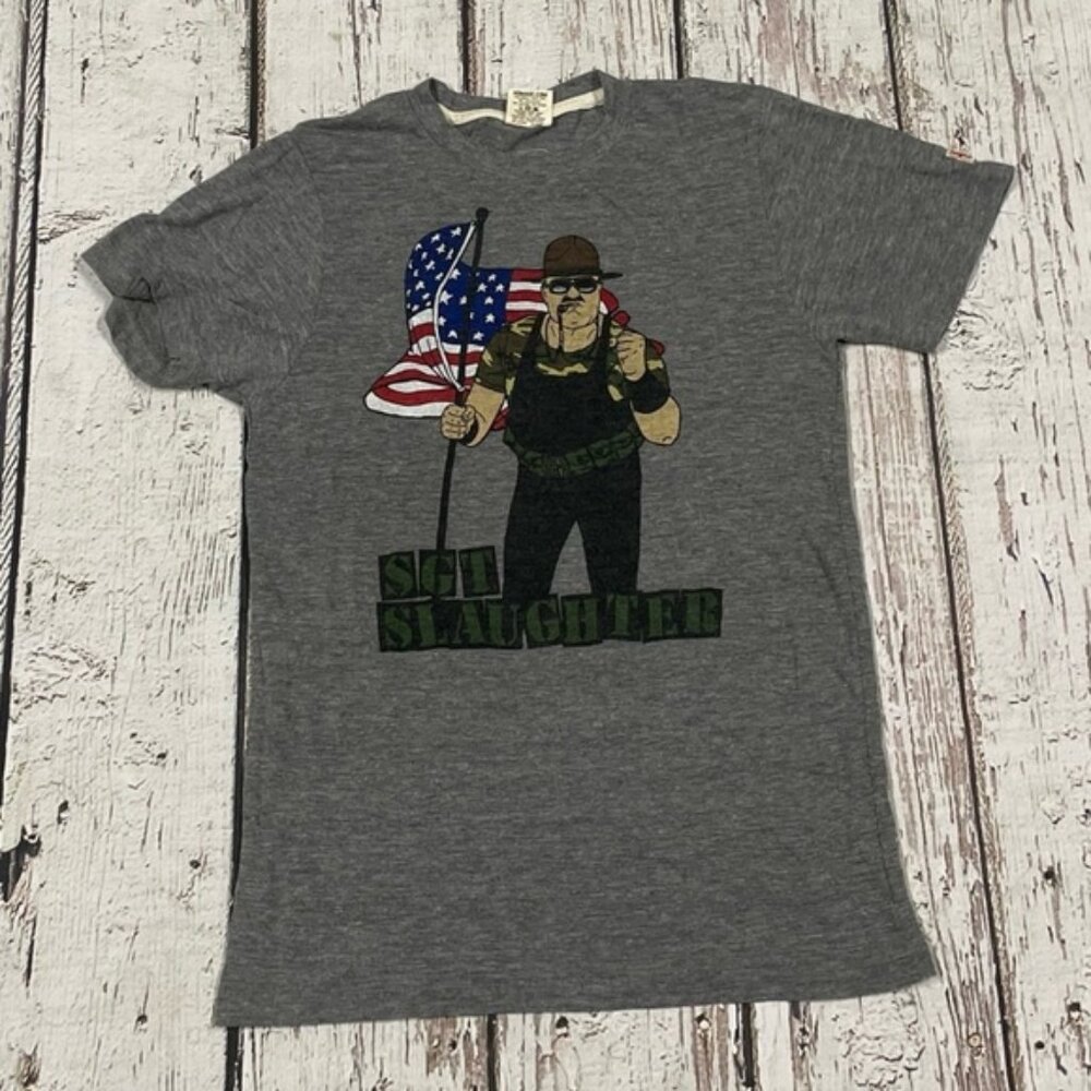 Sgt. Slaughter Homage WWF WWE Gray Sports Wrestling Crewneck Tee Tshirt